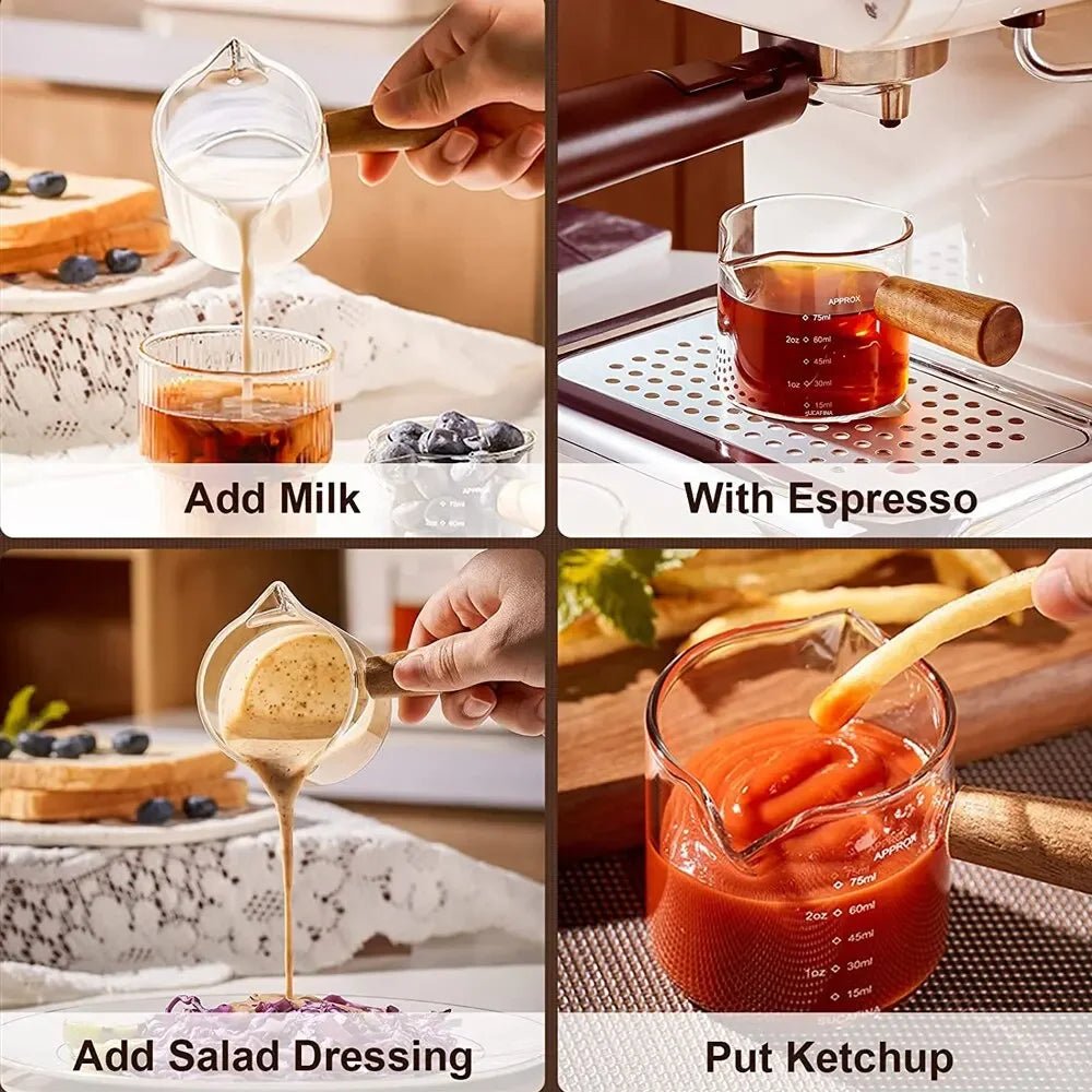 Glas - Messbecher: 1pc mit Holzgriff, Doppel - Ausguss & Klar - Glas für Kaffee und Espresso - ApolettaApoletta