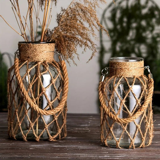 Retro - Glasvase mit Hanfseil: Handgewebte Hydrokultur - Vase im Landhausstil für Desktop - Deko - ApolettaApoletta