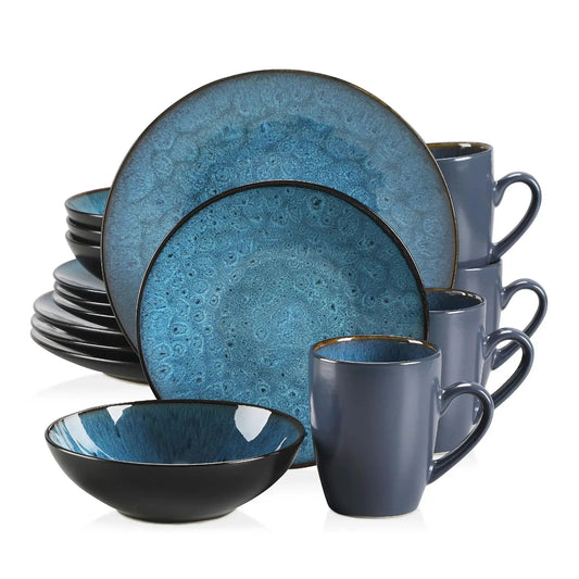 Vintage - Geschirr - Set: 16/32/48 - teilig aus Keramik in Blau & Braun - ApolettaApoletta
