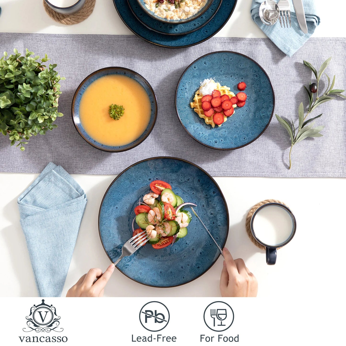 Vintage - Geschirr - Set: 16/32/48 - teilig aus Keramik in Blau & Braun - ApolettaApoletta