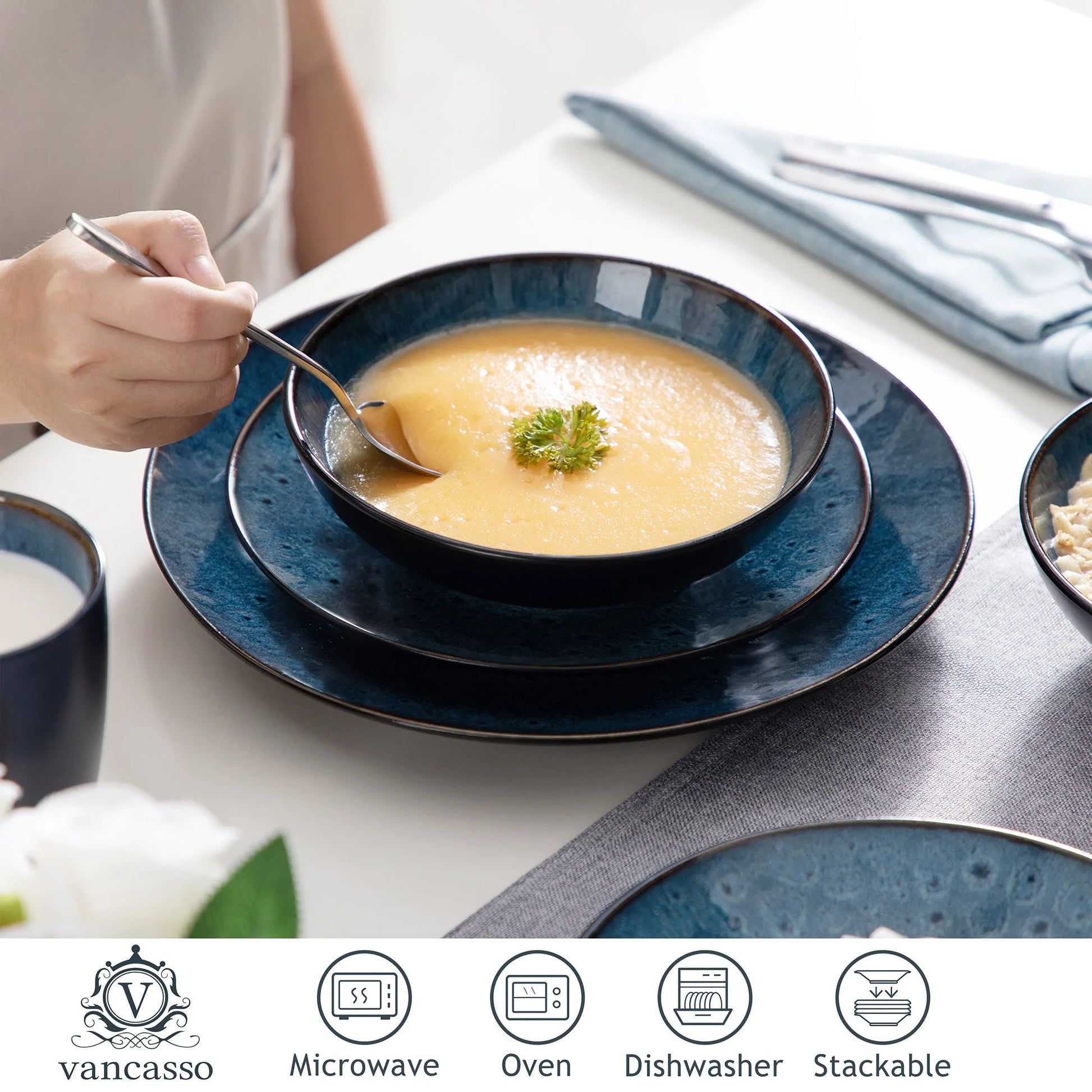 Vintage - Geschirr - Set: 16/32/48 - teilig aus Keramik in Blau & Braun - ApolettaApoletta