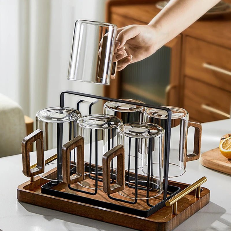 Glas - Tassen mit Walnuss - Griff: 2er - /4er - /6er - Set hitzebeständige Becher für Kaffee & Tee (300 ml) - ApolettaApoletta