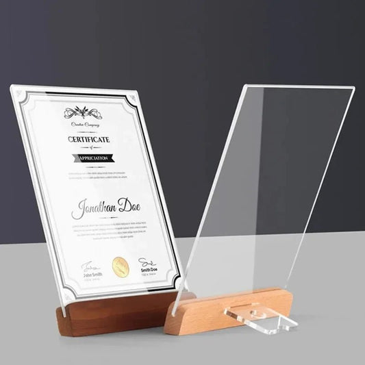 Acryl - Fotorahmen mit Holzsockel: Transparenter Display - Ständer für A4, A5 & A6 - ApolettaApoletta
