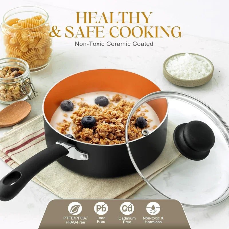 Keramik - Topf - Set (3 - teilig): Antihaftbeschichtet & mit Deckel für Saucen, Milch & Suppen - ApolettaApoletta