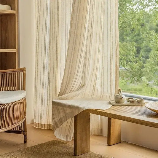 Japanische Retro - Vorhänge: Beige Baumwoll - Leinen mit Streifen für Wohnzimmer & Schlafzimmer - ApolettaApoletta