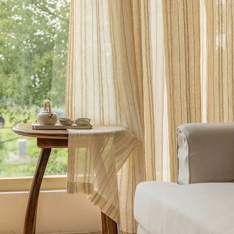 Japanische Retro - Vorhänge: Beige Baumwoll - Leinen mit Streifen für Wohnzimmer & Schlafzimmer - ApolettaApoletta