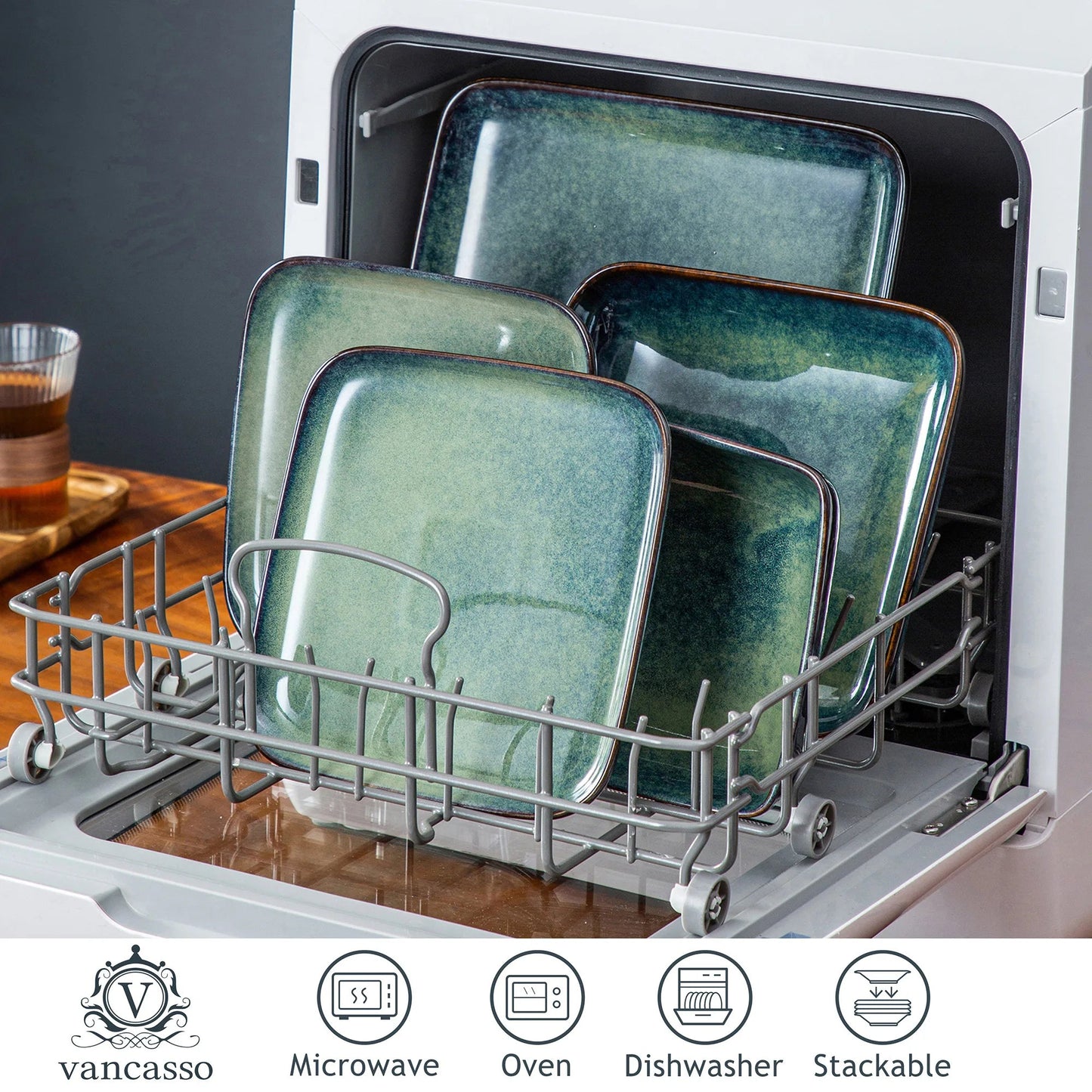 Keramik - Geschirr - Set (16 - teilig): Ofenglasur in Grün für 4 Personen - ApolettaApoletta