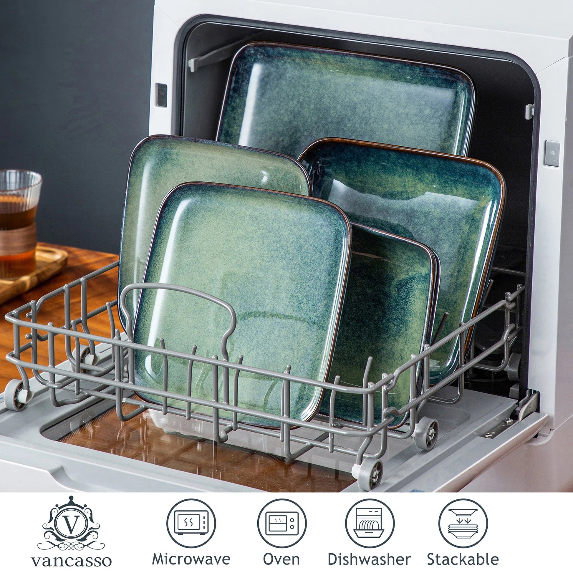 Keramik - Geschirr - Set (16 - teilig): Ofenglasur in Grün für 4 Personen - ApolettaApoletta