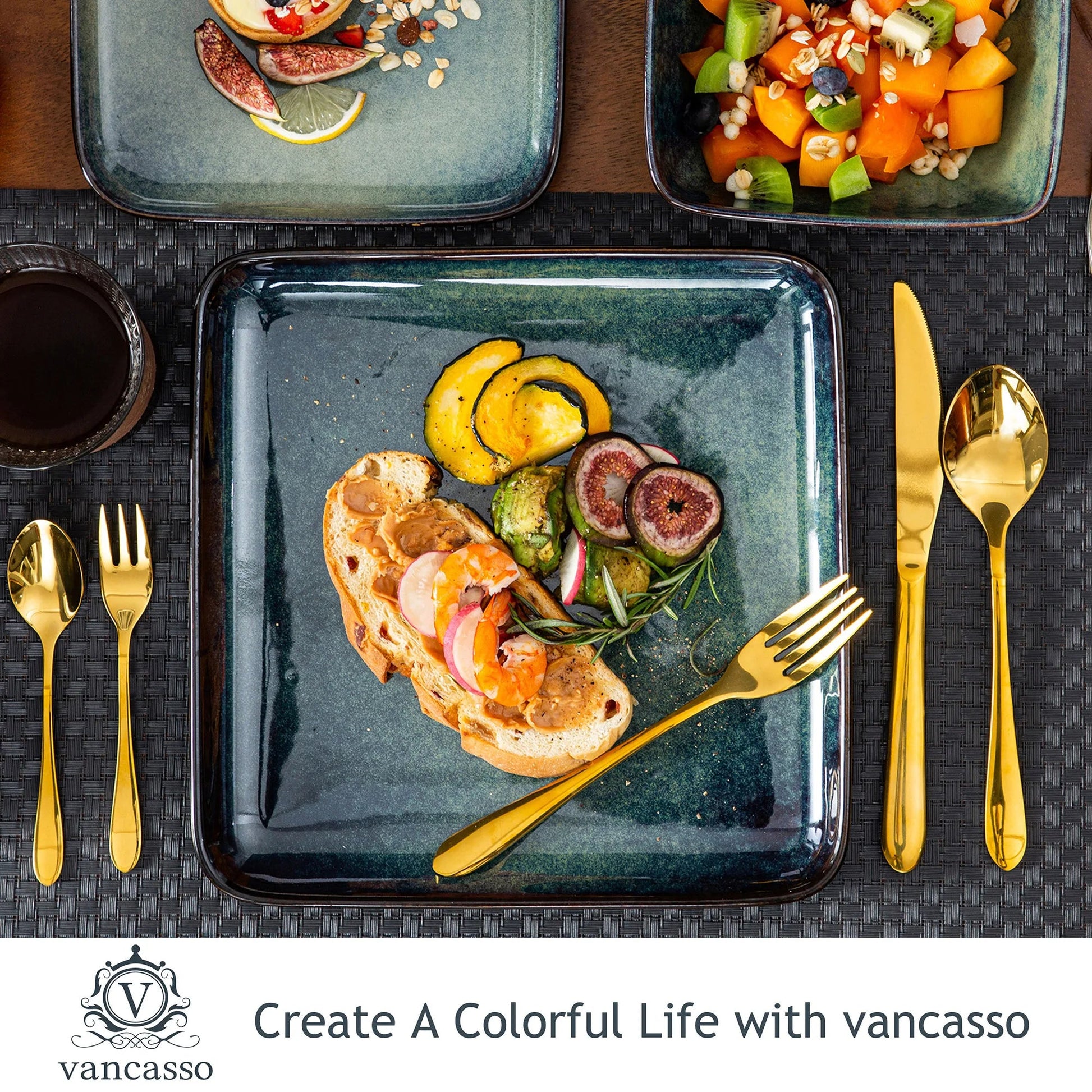 Keramik - Geschirr - Set (16 - teilig): Ofenglasur in Grün für 4 Personen - ApolettaApoletta