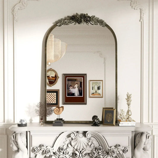 Barock - Wandspiegel: Bogen - Form mit Vintage - Metallrahmen & Rosen für Eingang & Kamin - ApolettaApoletta