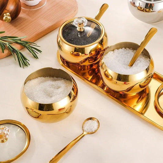 Gewürztöpfe aus Edelstahl: Gold - & Silber - Zuckerdose mit Deckel & Löffel - ApolettaApoletta