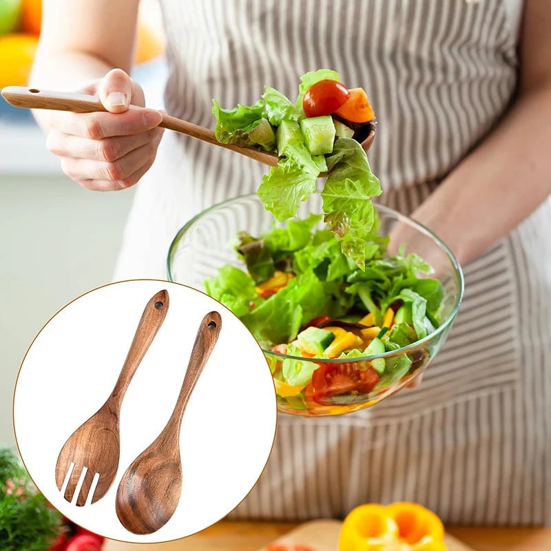Holz - Salat - Besteck - Set: Löffel & Gabel mit langem Griff für stilvolles Servieren - ApolettaApoletta