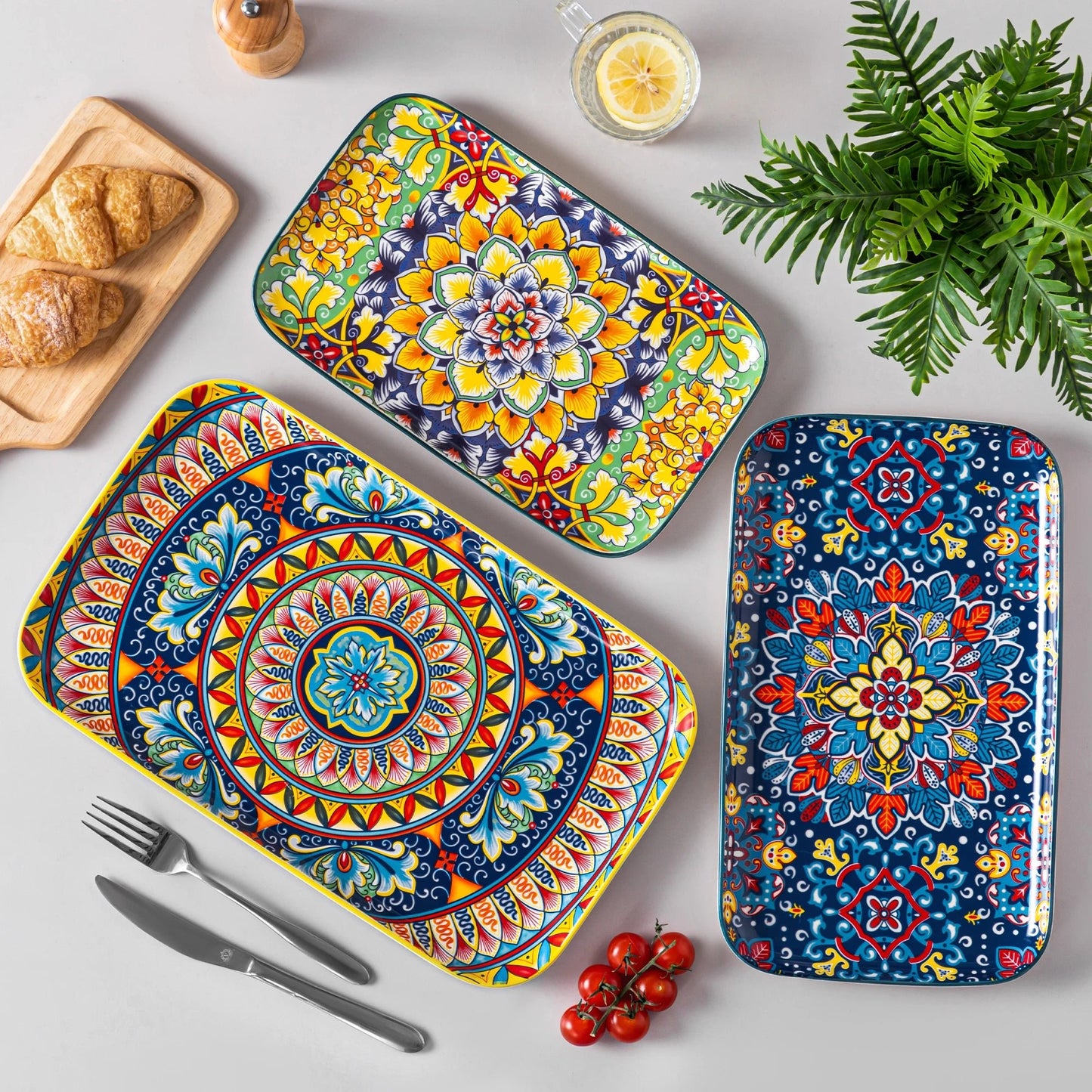 Keramik - Salatteller - Set: 3er - oder 6er - Set mit langen, rechteckigen Tellern für Kuchen, Salat & mehr - ApolettaApoletta