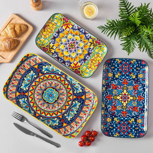 Keramik - Salatteller - Set: 3er - oder 6er - Set mit langen, rechteckigen Tellern für Kuchen, Salat & mehr - ApolettaApoletta