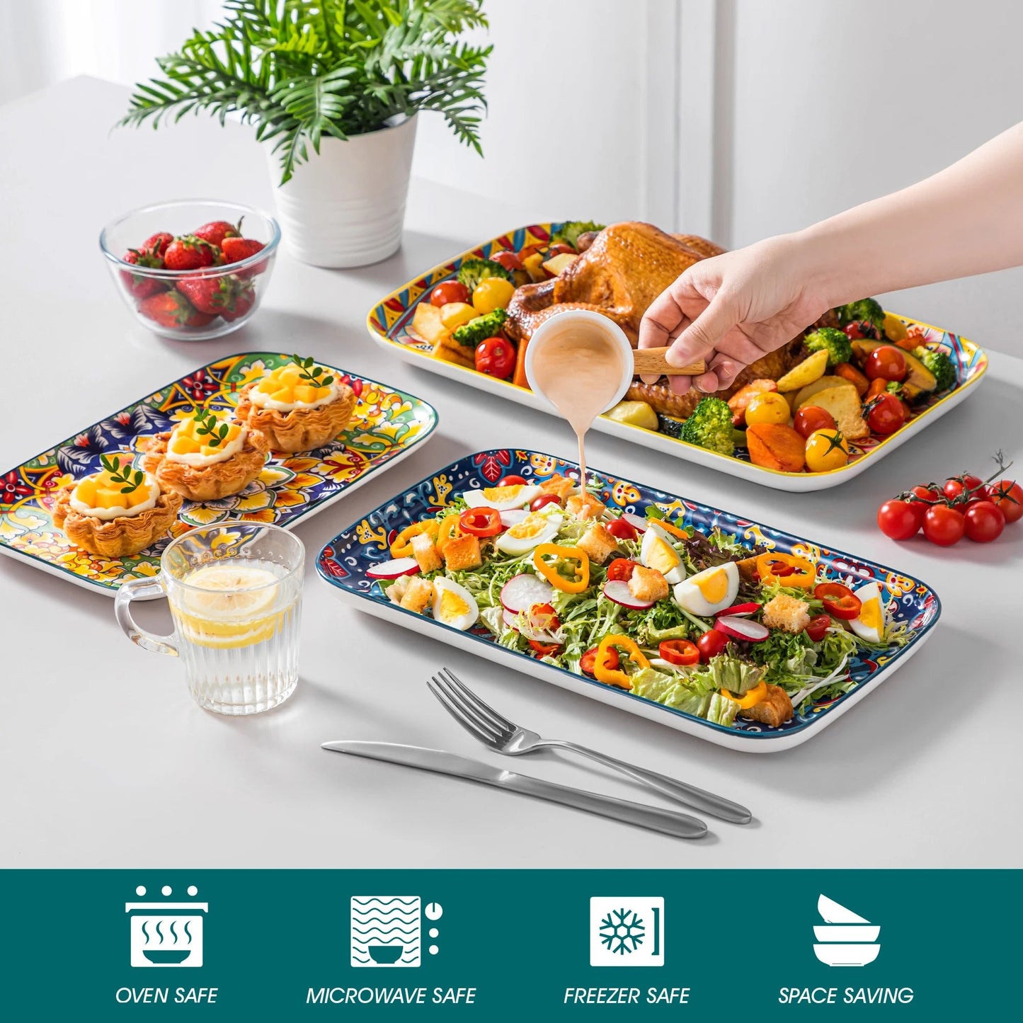 Keramik - Salatteller - Set: 3er - oder 6er - Set mit langen, rechteckigen Tellern für Kuchen, Salat & mehr - ApolettaApoletta