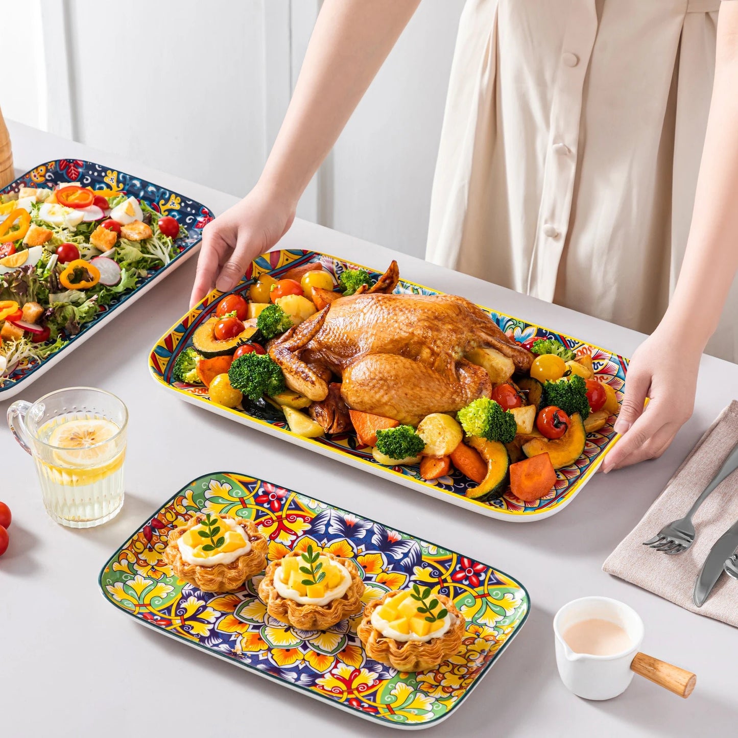 Keramik - Salatteller - Set: 3er - oder 6er - Set mit langen, rechteckigen Tellern für Kuchen, Salat & mehr - ApolettaApoletta