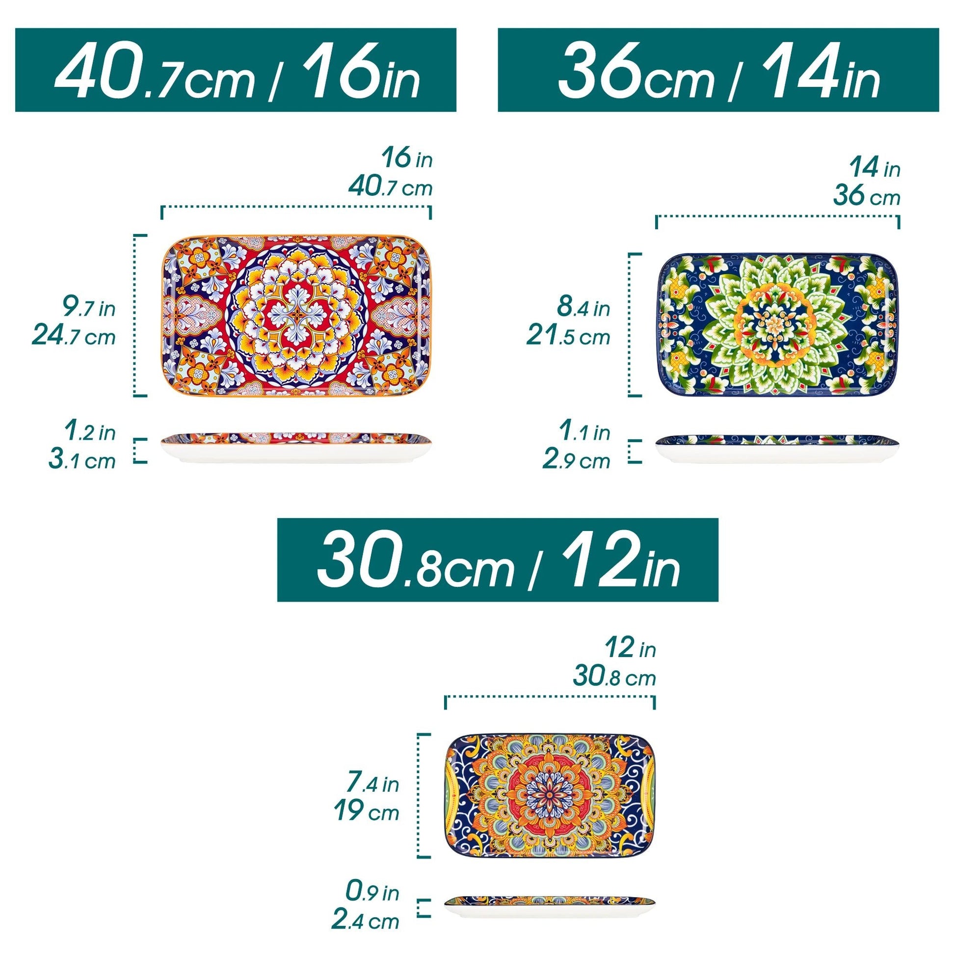 Keramik - Salatteller - Set: 3er - oder 6er - Set mit langen, rechteckigen Tellern für Kuchen, Salat & mehr - ApolettaApoletta