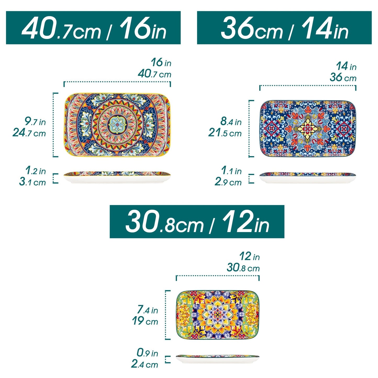 Keramik - Salatteller - Set: 3er - oder 6er - Set mit langen, rechteckigen Tellern für Kuchen, Salat & mehr - ApolettaApoletta