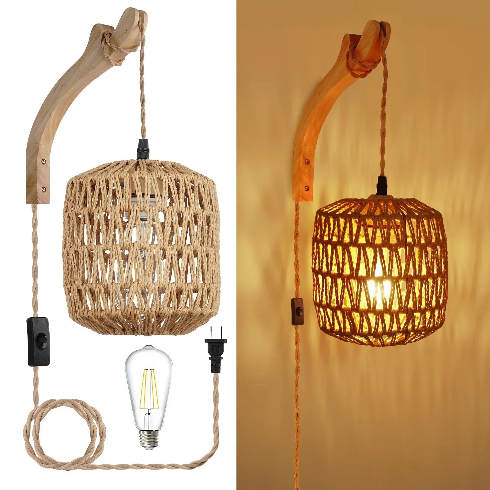 LED Rattan - Wandleuchte: Handgeflochtene Lampe aus Hanfseil im Retro - Stil für Wohn - und Schlafzimmer - ApolettaApoletta