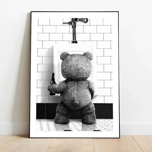 Schwarz - Weiß - Poster: Niedlicher Bär für moderne Badezimmer - Dekoration - ApolettaApoletta