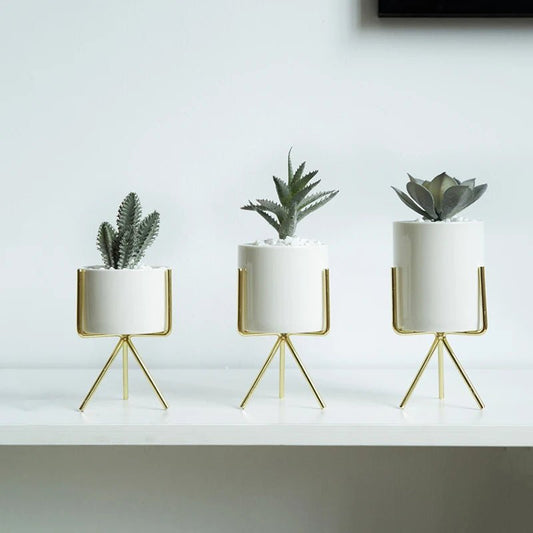 3er - Set Keramik - Blumengefäße mit Eisenregal – Ideal für Sukkulenten & Tisch - Deko - ApolettaApoletta