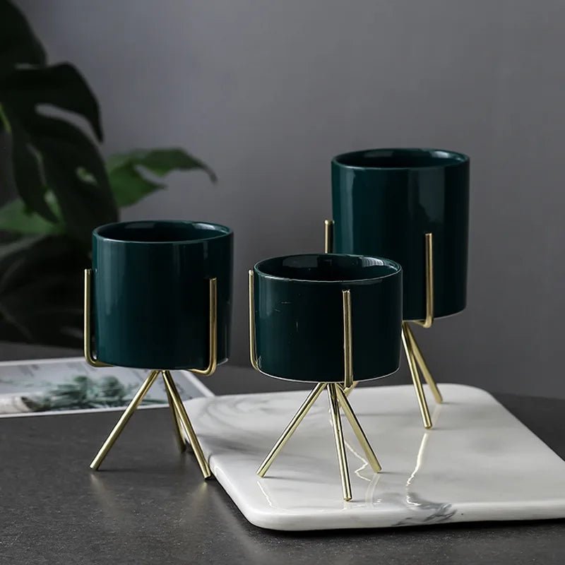 3er - Set Keramik - Blumengefäße mit Eisenregal – Ideal für Sukkulenten & Tisch - Deko - ApolettaApoletta