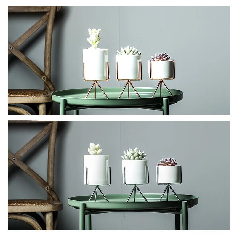 3er - Set Keramik - Blumengefäße mit Eisenregal – Ideal für Sukkulenten & Tisch - Deko - ApolettaApoletta