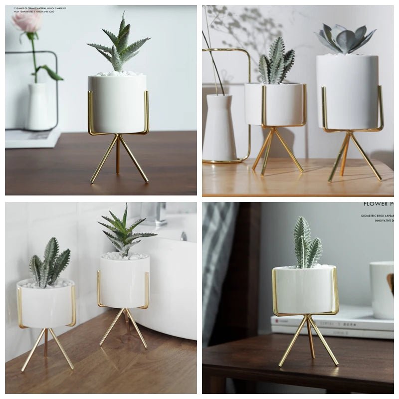 3er - Set Keramik - Blumengefäße mit Eisenregal – Ideal für Sukkulenten & Tisch - Deko - ApolettaApoletta