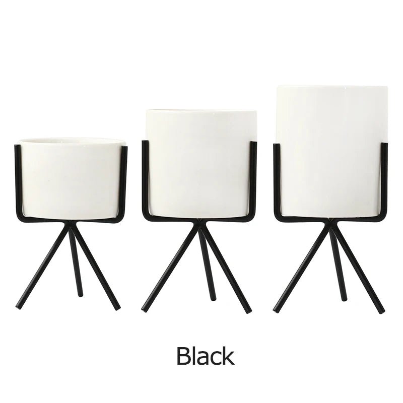 3er - Set Keramik - Blumengefäße mit Eisenregal – Ideal für Sukkulenten & Tisch - Deko - ApolettaApoletta