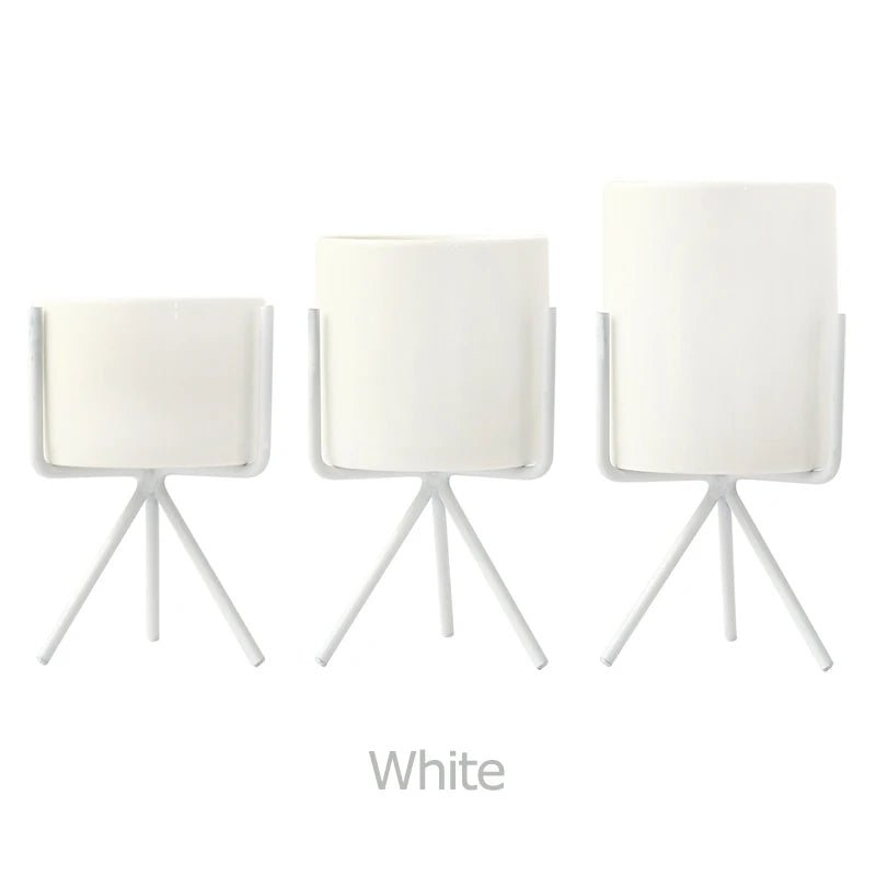 3er - Set Keramik - Blumengefäße mit Eisenregal – Ideal für Sukkulenten & Tisch - Deko - ApolettaApoletta
