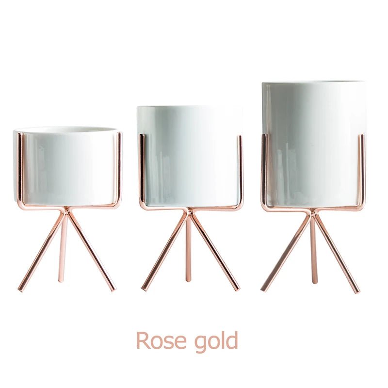 3er - Set Keramik - Blumengefäße mit Eisenregal – Ideal für Sukkulenten & Tisch - Deko - ApolettaApoletta