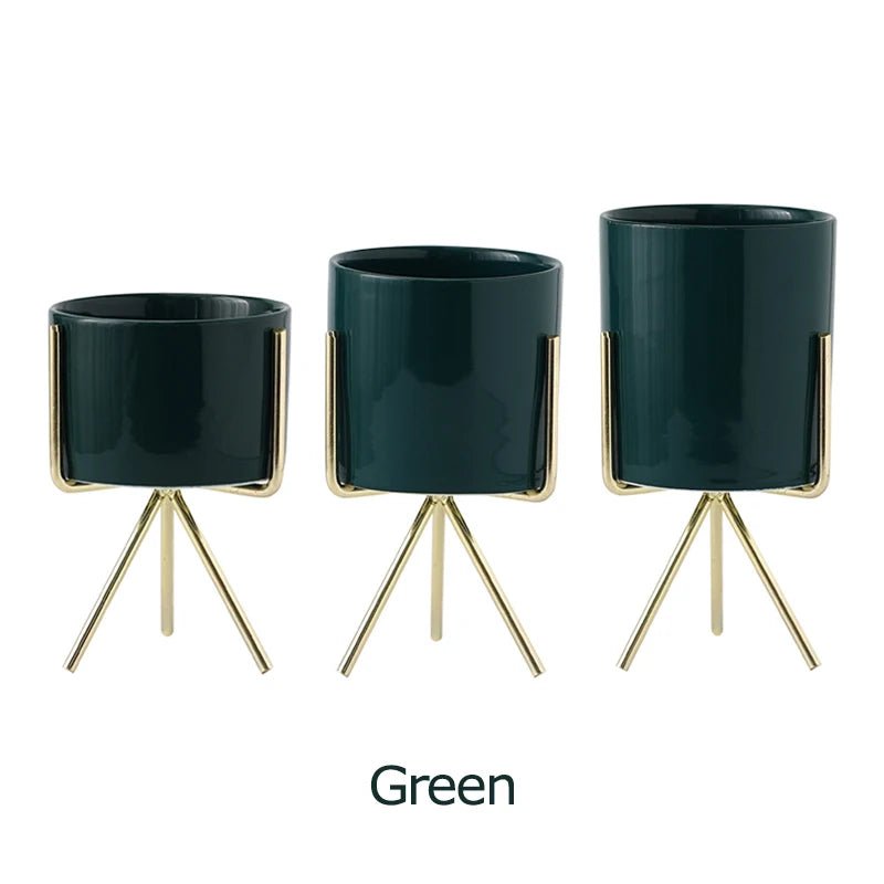 3er - Set Keramik - Blumengefäße mit Eisenregal – Ideal für Sukkulenten & Tisch - Deko - ApolettaApoletta