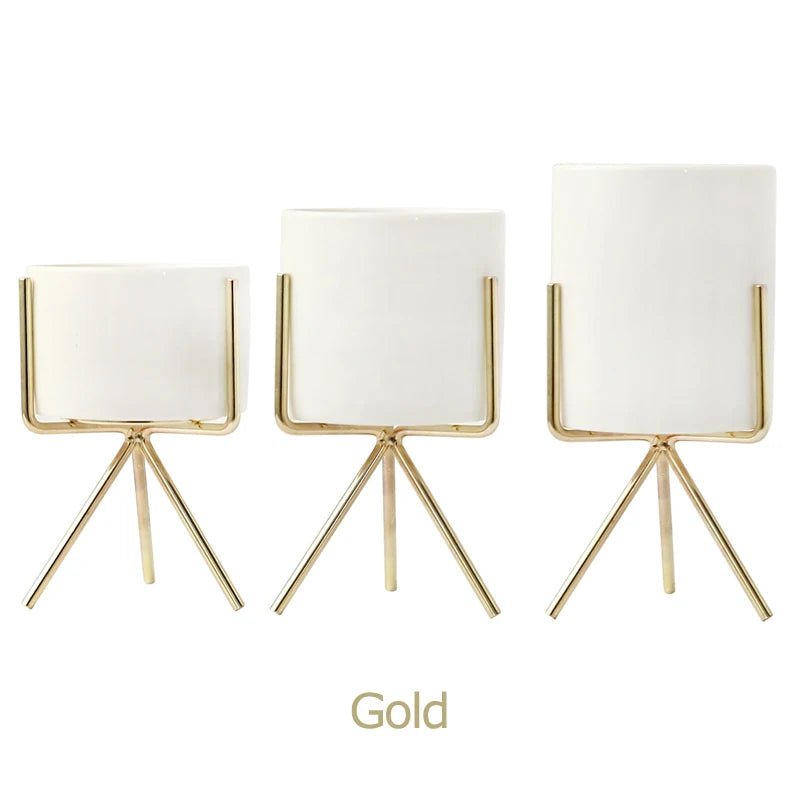 3er - Set Keramik - Blumengefäße mit Eisenregal – Ideal für Sukkulenten & Tisch - Deko - ApolettaApoletta