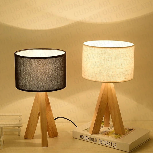 OUDELADI Holztischlampe Weiß Schwarz Stoff Lampenschirm Wohnkultur Wohnzimmer Nachttischlampe Schreibtischlampe E27 Arbeitszimmer Leselicht - ApolettaApoletta