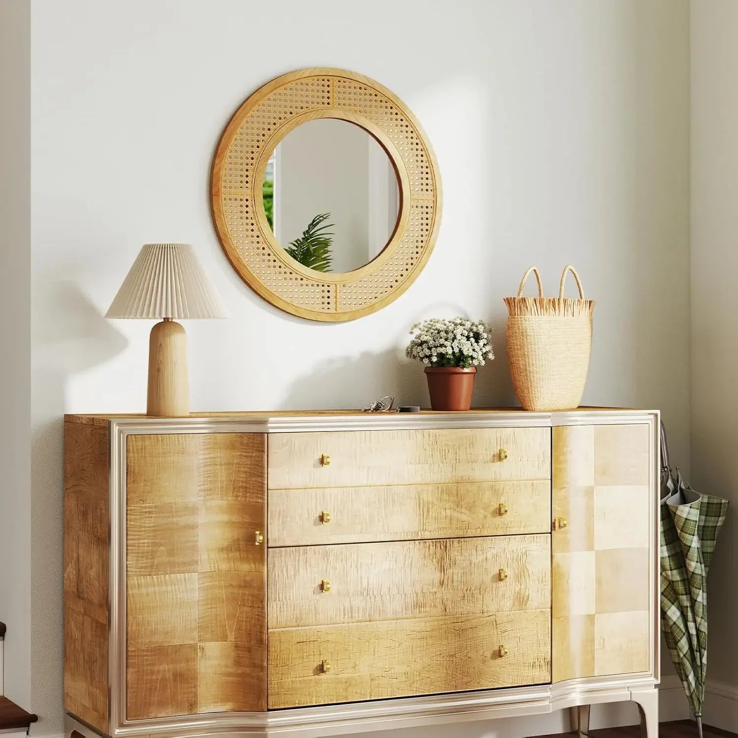 Runder Rattan - Wandspiegel: 65 cm Durchmesser, Holzrahmen & Haken - ApolettaApoletta