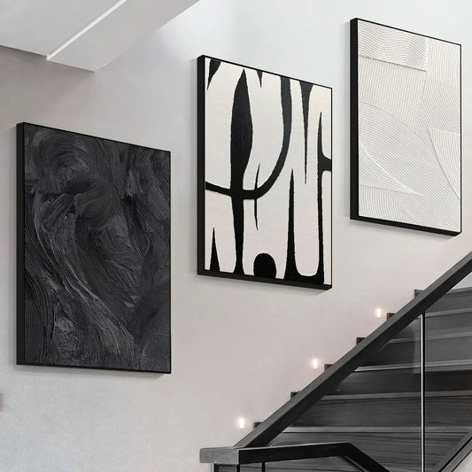 3 - teiliges Leinwand - Set: Abstrakte Schwarz - Weiß - Wandkunst mit Texturschilderungen - ApolettaApoletta