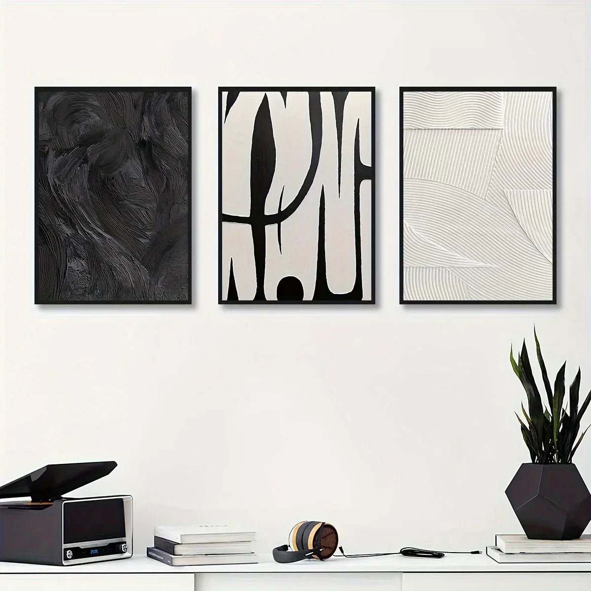 3 - teiliges Leinwand - Set: Abstrakte Schwarz - Weiß - Wandkunst mit Texturschilderungen - ApolettaApoletta