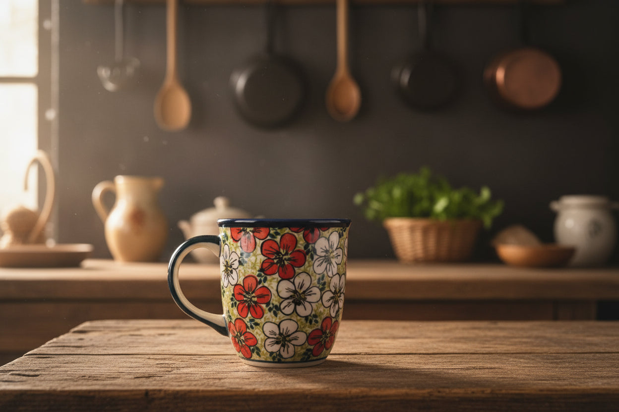 Bunzlauer Keramik Tasse / Henkelbecher (Groß) - UNIKAT (Premium) - Höhe 10 cm - Handarbeit